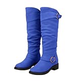 Knee High Boots Women Cozy Slouchy Boot Round Toe Combat Riding Booties Platform Low Chunky Heel Long Boot Pull On Wide Calf Boots Fashion Tall Bootie Blue