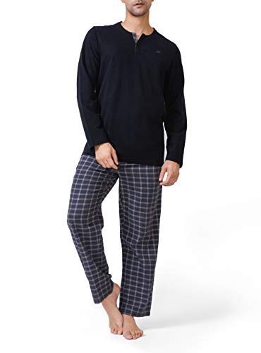 DAVID ARCHY Men's Cotton Pajamas Henley Collar Sleepwear Soft Classic Button-Down Woven Long Sleeve Set (S, Black-Heather Black Grid)
