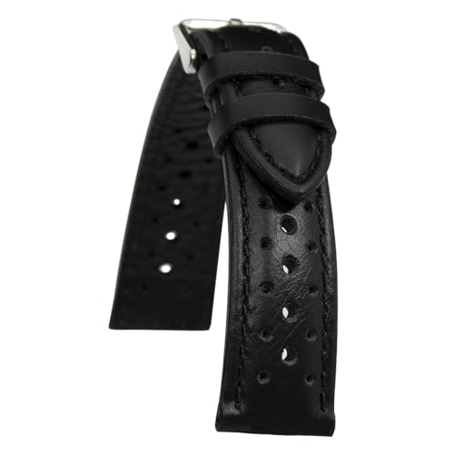 AIMVALUE Correa de reloj Rally Racing de piel negra 18 mm 19 mm 20 mm 21 mm 22 mm perforada transpirable vintage y deportiva para hombre acolchada con hebilla plateada brillante, 20 mm, Cuero, No