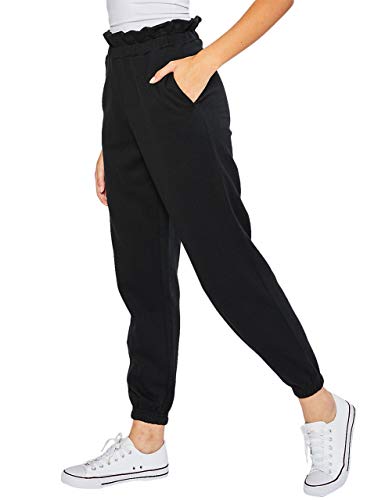 esstive Women\'s Ultra Soft Fleece Basic Midweight Casual Paper Bag Waist Band High Rise Joggers, Black, X-Small