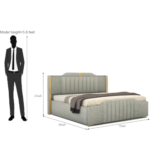 Image of Modern Upholstered King Size Bed with Storage | Double Bed with Box Storage & Upholstery Premium Fabric Headboard | Platform Bed for Bedroom & Hotel, Sheesham Wood, Grey, 6.5 x 6 Ft