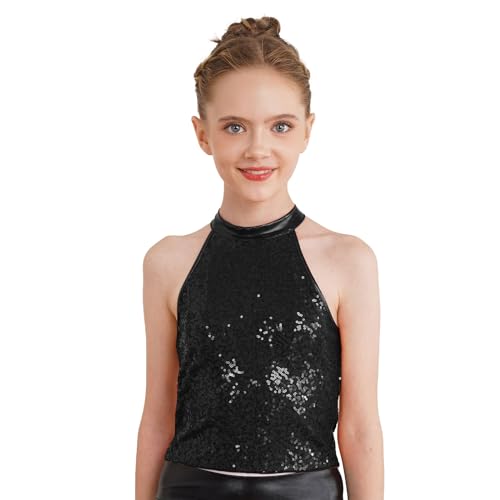 JanJean Girls Kids Shiny Metallic Cutout Back Jazz Hip Hop Dance Tank Top Halter Neck Tees Ballroom Costume Black 12 Years