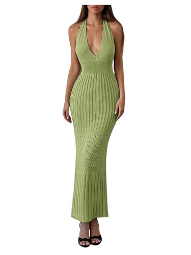 Amazon.com: GORGLITTER Women's Crochet Dress Halter Backless Bodycon Deep V  Neck Long Knit Maxi Dresses Summer Beach Outfits 2026 Green X-Small :  Clothing, Shoes & Jewelry