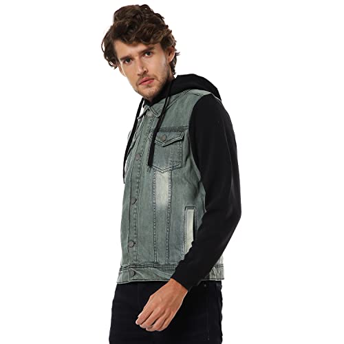 Image of CAHOOT Men's Grey & Black Light-Wash Denim Jacket with Sweatshirt Sleeve for Casual Wear | Hooded Neck | Long Sleeve | Button Closure | Cotton Jacket Crafted with Comfort Fit for Everyday Wear