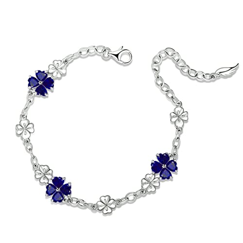 Image of JIANGXIN Lucky Four leaf clover 925 Sterling Silver Birthstone Chain Link Bracelet for Women Gemstone Jewelry Shamrock Birthday Gift 16+4cm