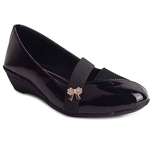 XE Looks Women's Black Wedge Bellies | Glossy Finish with Elastic Strap & Bow Charm | Cushioned Footbed for Comfort | Anti-Skid Lightweight Design Bellies for Girls & Women 4