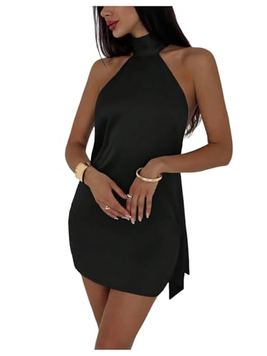 SOLY HUX Womens Halter Mini Dress Tie Backless Sleeveless Satin Bodycon Party Going Out Dresses Solid Black Large