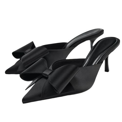 Mules for Women Kitten Heel Bow Mules Slip On Pointed Toe Pumps