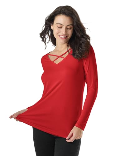 Amoretu Women V-Neck Shirts Basic Long Sleeve Criss Cross Tops Tee Blouse