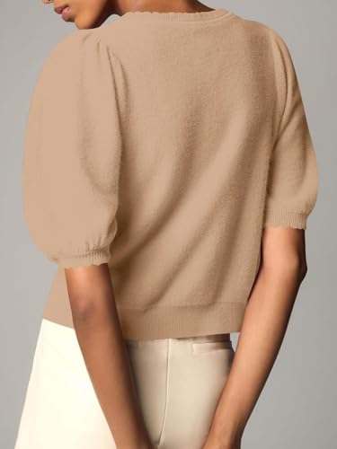 Image of BeautyNee Puff Sleeve Cardigans for Women Crew Neck Lightweight Summer Shirts Button Down Knit Shrug Sweater Tops