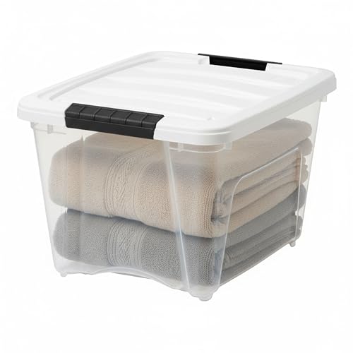 Image of IRIS USA 19 Qt Stackable Plastic Storage Bins with Lids, 6 Pack - BPA-Free, Made in USA - See-Through Organizing Solution, Latches, Durable Nestable Containers, Secure Pull Handle - Clear /White