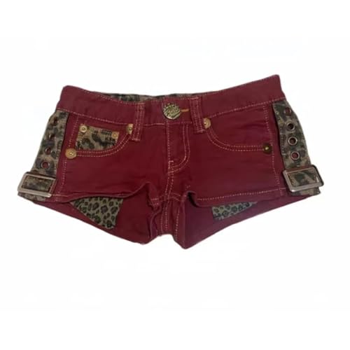 Women Vintage Leopard Patchwork Red Denim Shorts Summer Streetwear Sexy Y2K Low Rise Slim Hot Pants Casual All-Match Jeans Red Large
