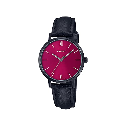 Casio Reloj de cuarzo para mujer, esfera analógica y correa de acero inoxidable, negro / rojo, Correa