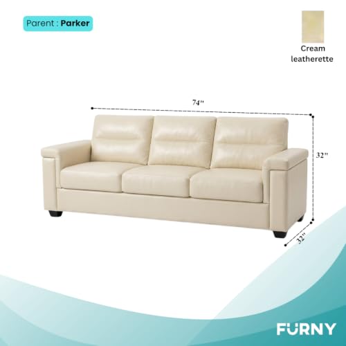 Image of FURNY Parker 3 Seater Fabric Sofa Set with Leatherette Finish | Durable Comfort | Ideal for Living Room | Modern Design (Cream Leatherette)