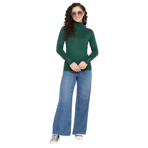 Image of Madame Women Solid Bottle Green Sweater