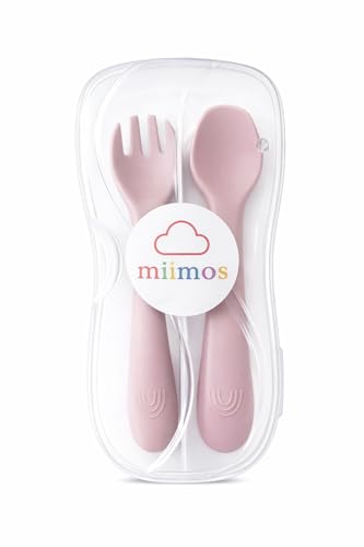 miimos Cubiertos Bebé Silicona BLW con Estuche de Viaje | Cuchara y Tenedor Ergonómicos Sin BPA | Set Guardería y Aprendizaje Autónomo (ROSA)