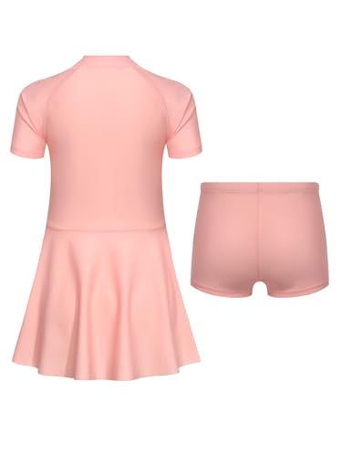 TiaoBug Kids Girls 2 Pieces Bathing Suits Short Sleeve Zip Neck Swimdress Top with Swim Shorts2