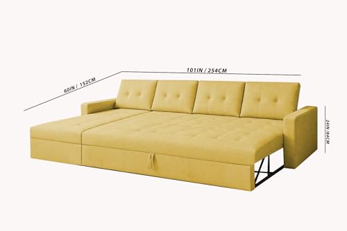 Image of Emilio 6 Seater LHS L - Shape Pull-Out Sofa Cum Bed Sofa for Living Room (Yellow Fabric Color) Premium Fabric Sofa Set for Living Room Sofa Cum Bed