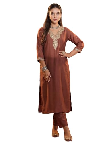 Image of INDO ERA Women's Silk Blend Embroidered Zari Work Straight Kurta & Pant Set | Cord Set For Women