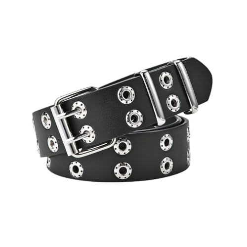 Women's Faux Leather Belt Double Grommet Belt Casual Fashion Riding Medium Metal Buckle Studded Belts