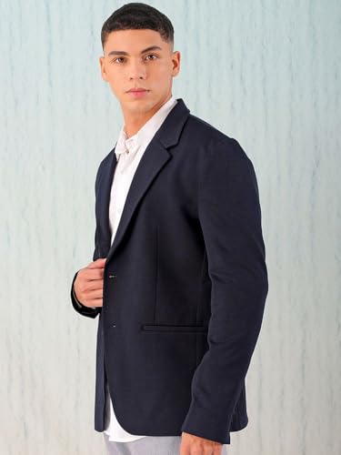 Image of The Indian Garage Co Men Comfort Straight Fit Solid Stretchable Single Breated Knitted Blazers