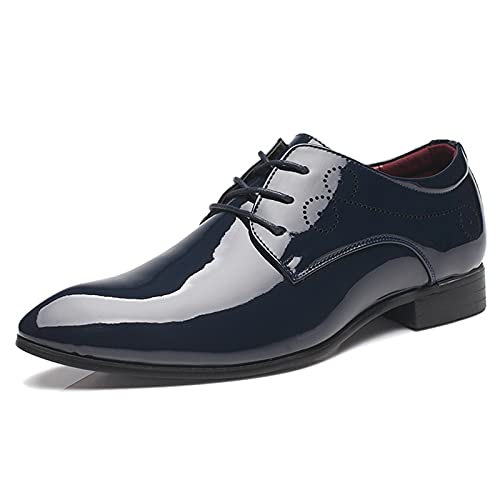 Dress Shoes for Men Lace Up Derby Shoes Pointed Toe PU Leather Low Top Slip Resistant Rubber Sole Anti-Slip Block Heel Classic(Blue,10 M US)