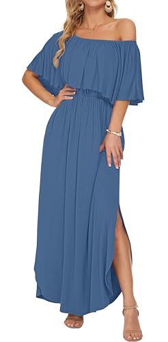 Image of AUSELILY Womens Off Shoulder Ruffle Split Summer Maxi Dresses with Pockets | Off-shoulder Ruffle dress with empire waist & side split for summer beach and casual parties