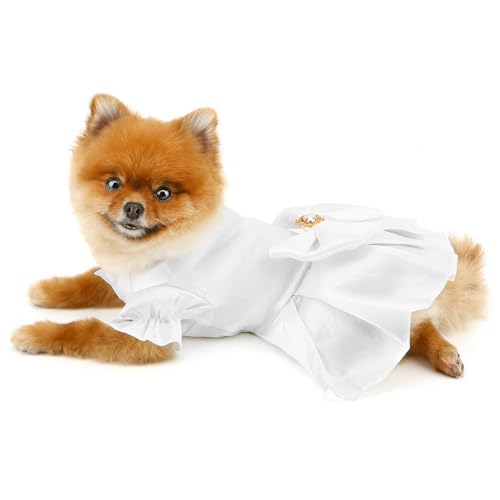 SMALLLEE_LUCKY_STORE Satin Hochzeitskleid für kleine Hunde Eleganter Prinzessin Rock mit Schleife und Perle Tutu Kleid mit Puffärmeln