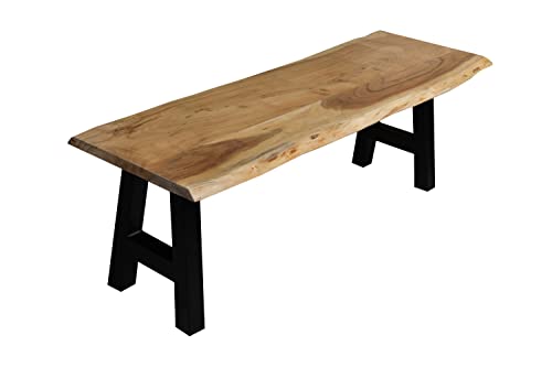 SAM Esszimmerbank 120x42 cm Quintus, Akazienholz massiv & naturfarben, echte Baumkante, Baumkantenbank mit A-Gestell Schwarz, Sitzbank mit 26 mm Platte