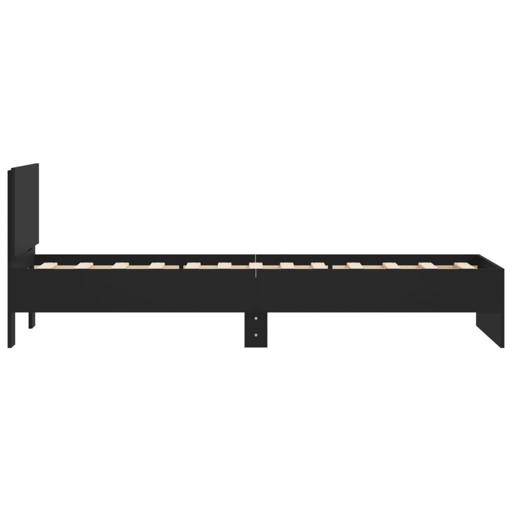 lite drewno z wezgłowiem na książki 90x200 cm czarny | Rama łóżka z wezgłowiem 90x200 czarna z listwami, solidna stelaż do sypialni, lite drewno i płyta meblowa