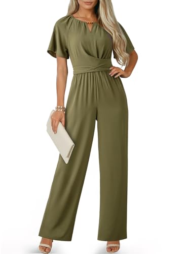 Dokotoo Summer Jumpsuits for Women Dressy Casual 2026 Trendy Women's One Piece Wide Leg Plus Size Jumpsuits Round Neck Loose Pants Rompers Overalls Work Outfits Green Medium
