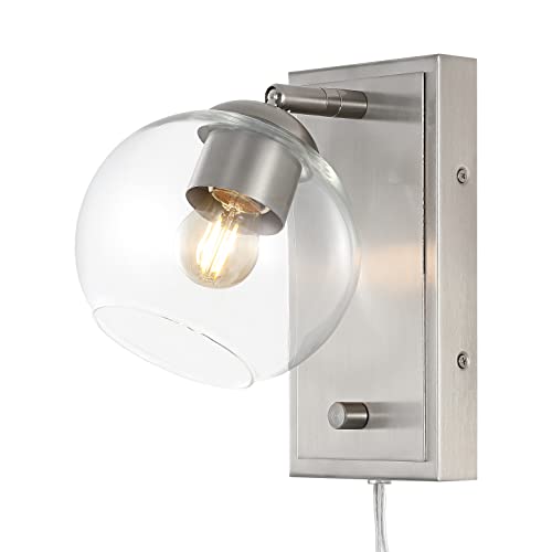 Image of JONATHAN Y 6 inch Nickel 1-Light with Clear Globe Modern Wall Sconce, Plug-in or Hardwired LED Adjustable Wall Light with Dimmer Switch, Clear Glass Globe Shade, Mid-Century Lamp (JYL7567B)