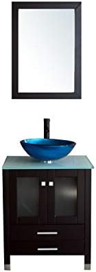 BATHJOY 24.8 Inches Bathroom Vanity Set Wood Cabinet Top Round Glass Vessel Sink Faucet Combo with Mirror