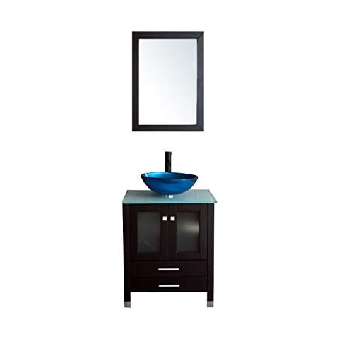 BATHJOY 24.8 Inches Bathroom Vanity Set Wood Cabinet Top Round Glass Vessel Sink Faucet Combo with Mirror Cover