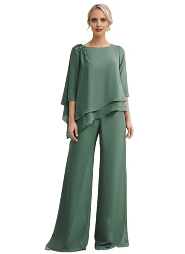 3/4 Sleeves Mother of The Bride Pant Suits for Wedding Lace Appliques Chiffon Long Formal Outfit Sets JH006