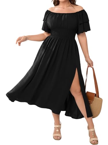 Image of Plus Size Maxi Dress Off The Shoulder Ruffle Smocked Wedding Guest Cocktail Slit Hem Flowy Dresses for Curvy Women