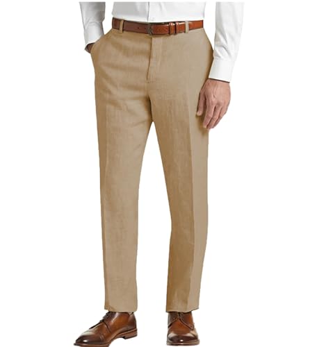 Men's Linen Pants Lightweight Classic Regular Fit Dress Suit Pants for Men Spring Summer, Khaki, 34W x 30L