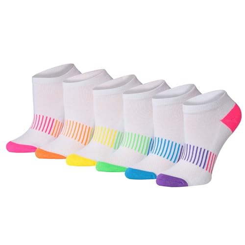 Image of Tipi Toe Women's 6 Pack Cushioned Comfort Running Classic White With Rainbow Stripes & Toe Ladies Ankle Socks, WS08-6-A