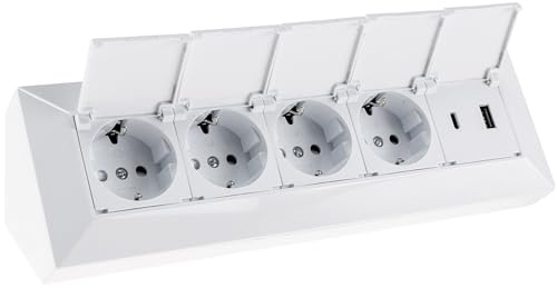 ChiliTec Bloque de 4 enchufes múltiple con tapa abatible USB-A USB-C PD 230 V, enchufe para cocina, oficina, taller, color blanco