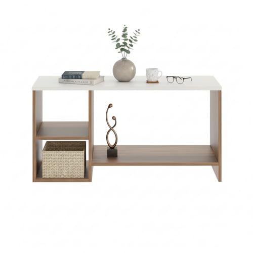 Image of FURNEASER Modern Engineered Wood Coffee Table with Open Storage Shelves | Wooden Center Table for Living Room, Sofa Area & Lounge | Multipurpose Tea Table with Storage (TLP - Exotic Teak & White)