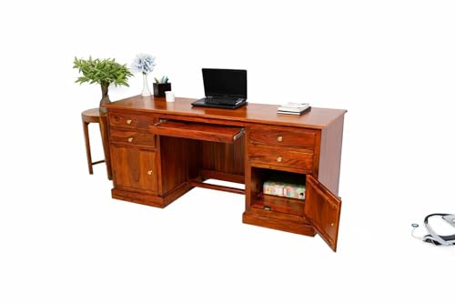 Image of Solid Sheesham Wood Office Desk with 4 Drawers & 2 Cabinets, Wooden Computer Table with Keyboard Tray & Footrest, Study Writing Desk for Home Office Furniture (Natural Finish Honey)