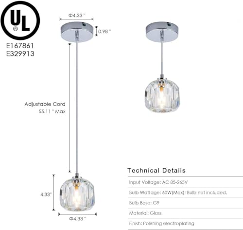 Modern Chrome Crystal Ceiling Pendant Lighting Adjustable Mini Pendant Light for Kitchen Island Dining Room Bedroom 3 Packs