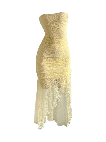 GORGLITTER Women's Lace Strapless Bodycon Maxi Dress Backless Sleeveless Asymmetrical Summer Graduation Prom Sundresses