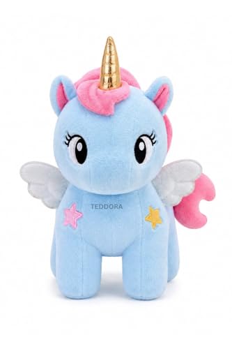 Image of Unicorn with Wings Soft Toy for Girls Boys Kids, Sky Blue, Animal Plush Stuffed Baby Teddy Gift Birthday, 30 cm