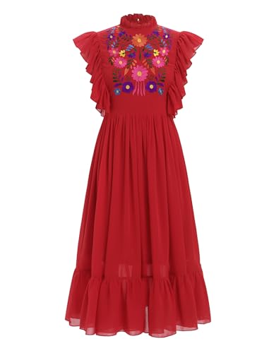 ABEHIK Mexikanisches Damenkleid, bestickt, traditionell, lässig, Sommer, Blumenmuster, Cinco de Mayo Fiesta, Outfit, Tanzparty, Midi-Kleider,...