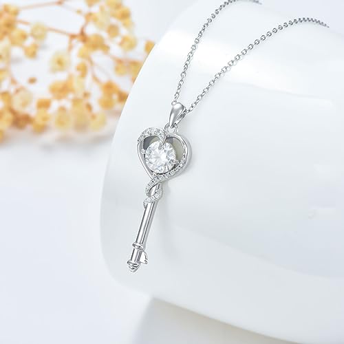 WTIYM Moissanite Diamond Lock Key Pendant Necklace for Women 14K White Gold Plated 925 Sterling Silver Heart Key Necklace Birthday Christmas Gifts for Her Wife Girlfriend, 18+2 Inch4