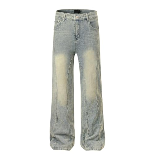 Jeans Pants Trousers Denim Retro Street Trendy Washed Blue Irregular Design Straight Commuter for Men
