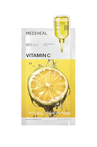 Image of MEDIHEAL Vitamin C Essential Mask (1 Sheet) Brightening Korean Sheet Mask with 99% Pure Vitamin C & 10 Vita Actives for Dark Spots, Uneven Skin Tone, Glow Boost, Hydrating Radiance Boosting K-Beauty Facial Mask for Smooth Skin