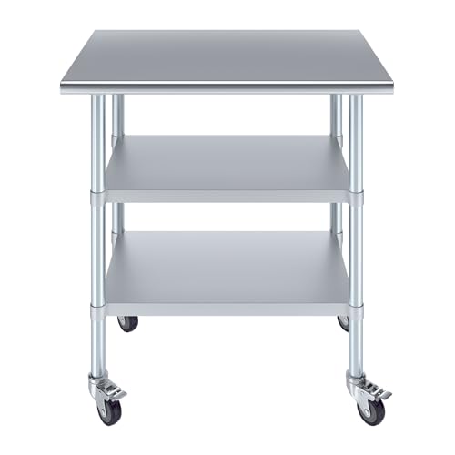 Image of AmGood Stainless Steel Work Table with 2 Shelves and Casters | Metal Utility Table On Wheels (Stainless Steel Work Table with 2 Shelves + Casters, 36 inch Long x 24 inch Deep)