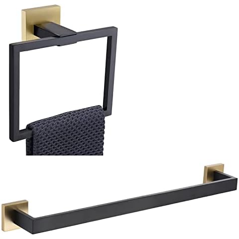 TQKAG Bathroom Square Towel Ring & Single Towel Bar Coat Robe Clothes for Kitchen Bath Stainless Steel Wall Mounted, Black/Gold Cover